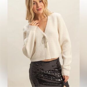 HYFVE Sparkly Bow Embellished Ivory Cardigan | Holiday Sweater
